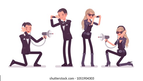 Secret agent man and woman, gentleman and lady spy of intelligence service, watcher to uncover data, collect political, business information, with devices. Vector flat style cartoon illustration