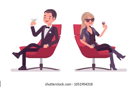 Secret agent man and woman, gentleman and lady spy of intelligence service, watcher to uncover data, collect political, business information, relax drinking. Vector flat style cartoon illustration