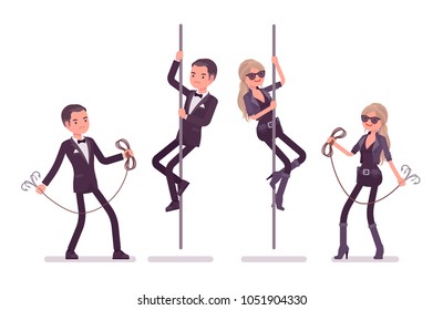 Secret agent man and woman, gentleman and lady spy of intelligence service, watcher to uncover data, collect political, business information, rope climbing. Vector flat style cartoon illustration