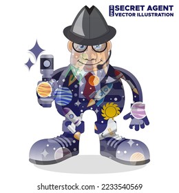 Secret agent on the background of space. Double exposure. Isolated on white background. Vector illustration.