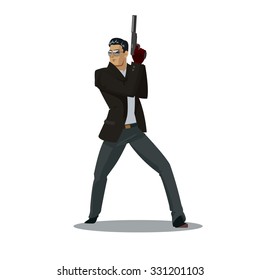 Secret agent. Posing on camera. Vector illustration