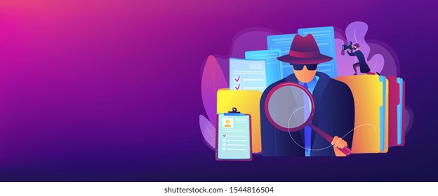 Secret agent searching clues and spying investigating case. Private investigation, private detective agency, private investigator services concept. Header or footer banner template with copy space.