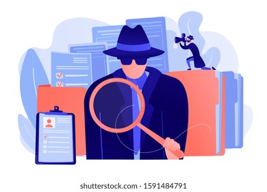 Secret Agent Searching Clues And Spying Investigating Case. Private Investigation, Private Detective Agency, Private Investigator Services Concept. Pink Coral Blue Vector Isolated Illustration