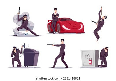 Secret agent. Spy characters in action poses policeman or detective working moving with gun exact vector cartoon people