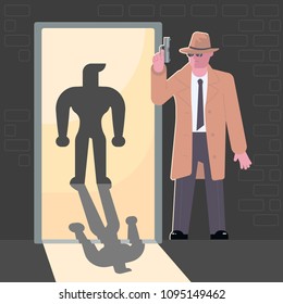 Secret agent, spy, security guard or detective with a gun character in flat design. Isolated. Vector illustration eps 10