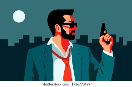 Agente secreto, espía, guardia de seguridad, policía con un arma. Retrato de hombre barbudo, vista lateral. Antecedentes de la ciudad nocturna. Ilustración vectorial plana