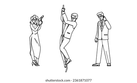 vector agente secreto. negro espía, seguridad detective, hombre, crimen, personaje secreto de arma de silueta. ilustración de línea negra de personas