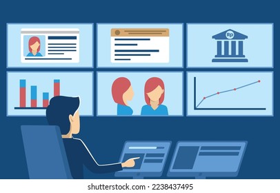 Secret Agent Working in Control Room Flat Design Vector Illustration
