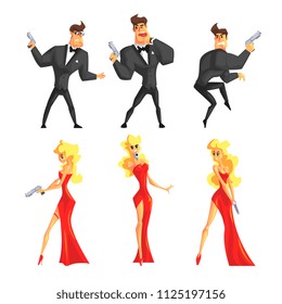 Secret agents in different poses. Handsome man and beautiful woman with gun in hands. Male in black suit, female in sexy red dress. Flat vector set