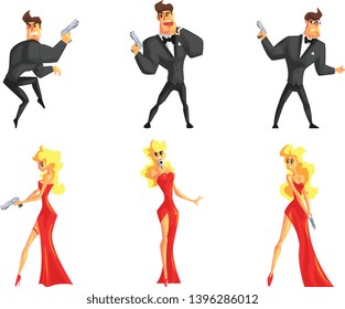 Secret agents in different poses. Handsome man and beautiful woman with gun in hands. Male in black suit, female in sexy red dress. Flat vector set