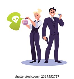 Secret agents dressed as waiters on spy mission, flat cartoon vector illustration isolated on white background. Undercover agents male and female characters.