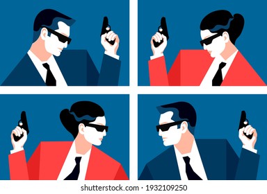 Secret Agents, Spies, Policemen Or Security Guards, With A Guns In Their Hand. Set Of Male And Female Characters, Side View. Vector Illustration