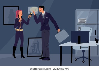 Los agentes secretos trabajan. La pareja de superhéroes entra a salvo por la noche. Personas seleccionando el código correcto. Espías sexys. Gente con linterna y maletín. Caracteres Thriller