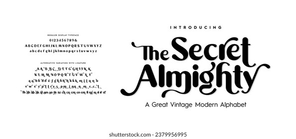 The Secret Almighty, rounded typography. Elegant stylish alphabet letters font, ligatures, and number. Vector illustration