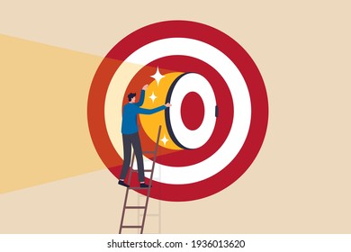 Secret to be success, business strategy to reach target or goal, objective or career challenge concept, businessman climbing up ladder to big dartboard or archery target and opening bullseye door.