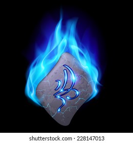 Secret bend stone with magic rune in blue flame