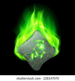 Secret bend stone with magic rune in green flame