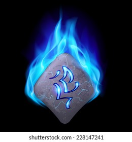 Secret bend stone with magic rune burning in blue flame