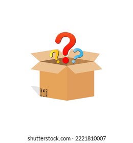 Geheime Kiste mit Überraschung drinnen. Geöffnete Faltschachtel mit einem Fragezeichen-Symbol. Mystery-Box-Icon-Vektorgrafik. 