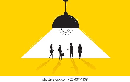 Secret Business Team Meeting. People Silhouettes Under Ceiling Lamp Light. Private Conversation Or Talk. Business Secret Negotiations Under The Light Of Lamp. Confidential Private Talk. Minimal Vector
