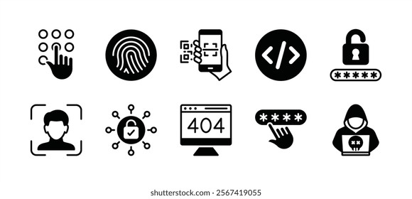 Secret code access icon vector set. Containing fingerprint, scan barcode or QR scanner, pattern, coding, cyber security pin technology, password, face lock or ID, padlock, error or 404, hacker