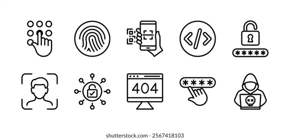 Secret code access thin line icon set. Containing fingerprint, scan barcode or QR scanner, pattern, coding, cyber security pin technology, password, face lock or ID, padlock, error, and hacker vector