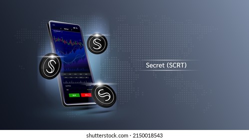 Moneda secreta y teléfono. Aplicación para intercambiar moneda criptográfica en el smartphone de pantalla táctil. Análisis de datos en el mercado de valores. Tendencias y estrategia financiera. La criptodivisa bancaria móvil. Vector 3d. 