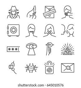 Secret and confidential vector line icon set. Included the icons as secret, lock, whisper, shut up and more.