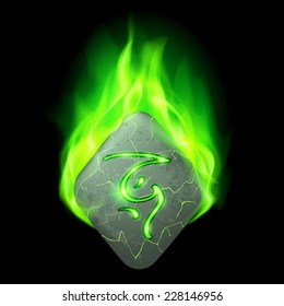 Secret diamond-shaped stone with magic rune in green flame