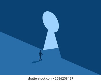 Secret door, Change life, Businessman walks to the keyhole door to discover new areas