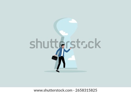 The secret door that changes life, the key to success or the step to see new opportunities, business challenges, brave entrepreneurs step into the keyhole door to new opportunities.