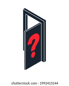 Secret door vector concept, half open door with question mark on it, new opportunities, new career perspectives.