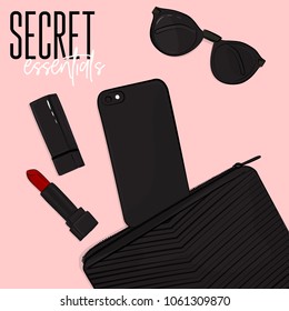 Secret essentials flatlay: cosmetic bag, phone, lipstick, sunglasses. Modern purse design. Make up set accessories. 