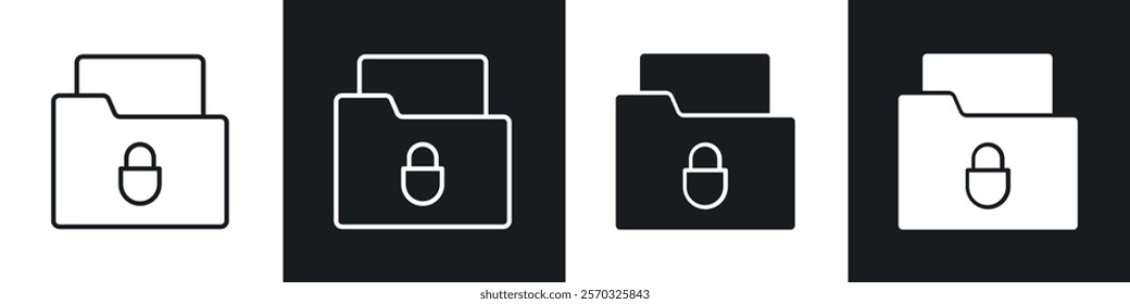 Secret folder icons vectors set in black. line and flat versions