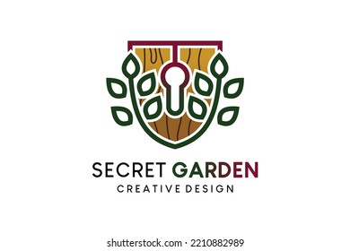 Diseño del logotipo de jardín secreto, ilustración del logotipo del vector blindado combinada con icono de hojas y cerradura