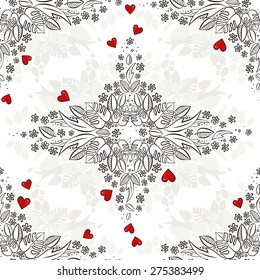 secret garden monochrome spring summer floral seasonal seamless pattern with red hearts on white background