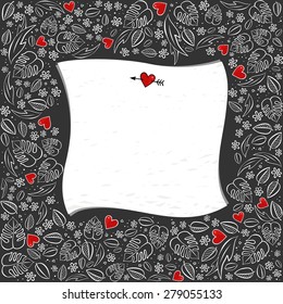 secret garden square frame with red hearts monochrome spring summer floral seasonal messy card with blank paper on dark background