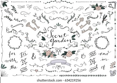 Secret Garden Wedding Clip Art - Hand Drawn Vintage Wedding Ornaments and Curls, Skeleton Keys and Flowers