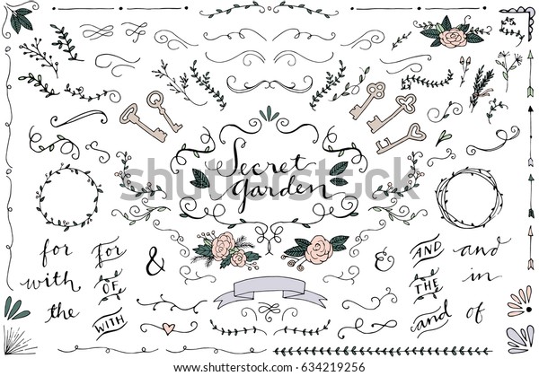 Secret Garden Wedding\
Clip Art - Hand Drawn Vintage Wedding Ornaments and Curls, Skeleton\
Keys and Flowers