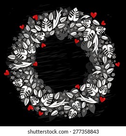 secret garden wreath with red hearts monochrome spring summer floral seasonal messy card centerpiece on dark background