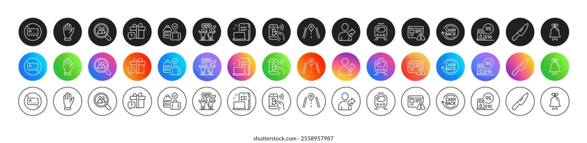 Secret gift, Bell and Road line icons. Round icon gradient buttons. Pack of Bitcoin pay, Knife, No card icon. Internet warning, Carry-on baggage, Petrol station pictogram. Vector