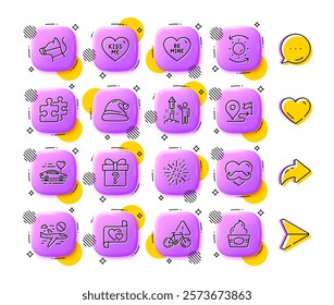 Secret gift, Bike attention and Sun protection line icons. App 3d buttons. Social media comment, share, like icons. Pack of Honeymoon travel, Journey, Puzzle icon. Vector