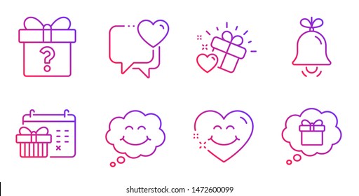 Secret gift, Love gift and Bell line icons set. Christmas calendar, Heart and Smile face signs. Smile symbol. Unknown package, Heart. Holidays set. Gradient secret gift icon. Vector