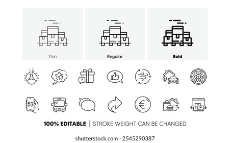 Presente secreto, Falar bolha e Química experimentar ícones de linha. Pacote de internet 5g, palete de caixas, ícone de carregamento doméstico. Armazenamento on-line, entrega de alimentos, pictograma de estrelas do ranking. Barramento, Comentários. Vetor