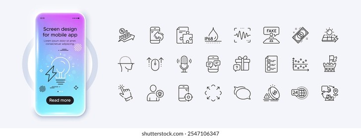 Regalo secreto, onda de voz y Cursor iconos de línea para el App del Web. Pantalla de degradado de maqueta de teléfono. Paquete de cadena de suministro, teléfono Seo, iconos de pictograma de servicio 24h. Vector