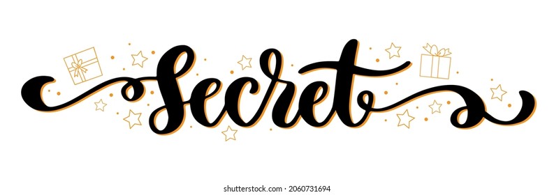 Secreto. Grabado de vectores a mano con la caja de regalo de contorno e iconos de estrellas. Diseño tipográfico aislado en fondo blanco. Plantilla para banner web, tarjeta, medios sociales o impresión. Saludo, celebración. 