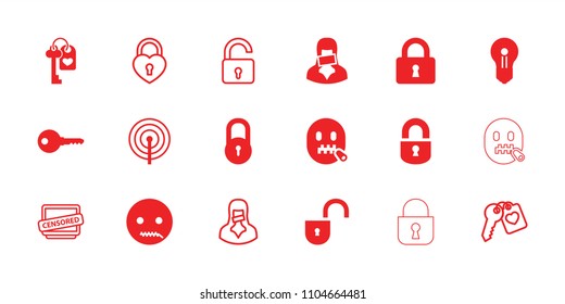 Secret icon. collection of 18 secret filled and outline icons such as lock, emot with zipper mouth, censored woman, opened lock, key. editable secret icons for web and mobile.