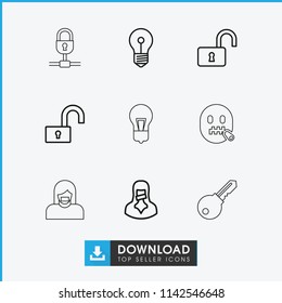 Secret icon. collection of 9 secret outline icons such as opened lock, keyhole, censored woman, lock, emot with zipper mouth. editable secret icons for web and mobile.