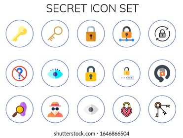 secret icon set. 15 flat secret icons. Included key, no doubt, view, padlock, lock, password, detective, invisible man, keys icons