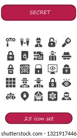 secret icon set. 25 filled secret icons.  Collection Of - Binoculars, Spy, Lock, Key, Locked, Hacker, Padlock, View, Keypad, Invisible man, Detective, Privacy, Censor, Hidden camera